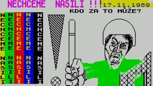Obrazovka zo ZX Spectra s nápisom „Nechceme násilí!!! 17. 11. 1989“