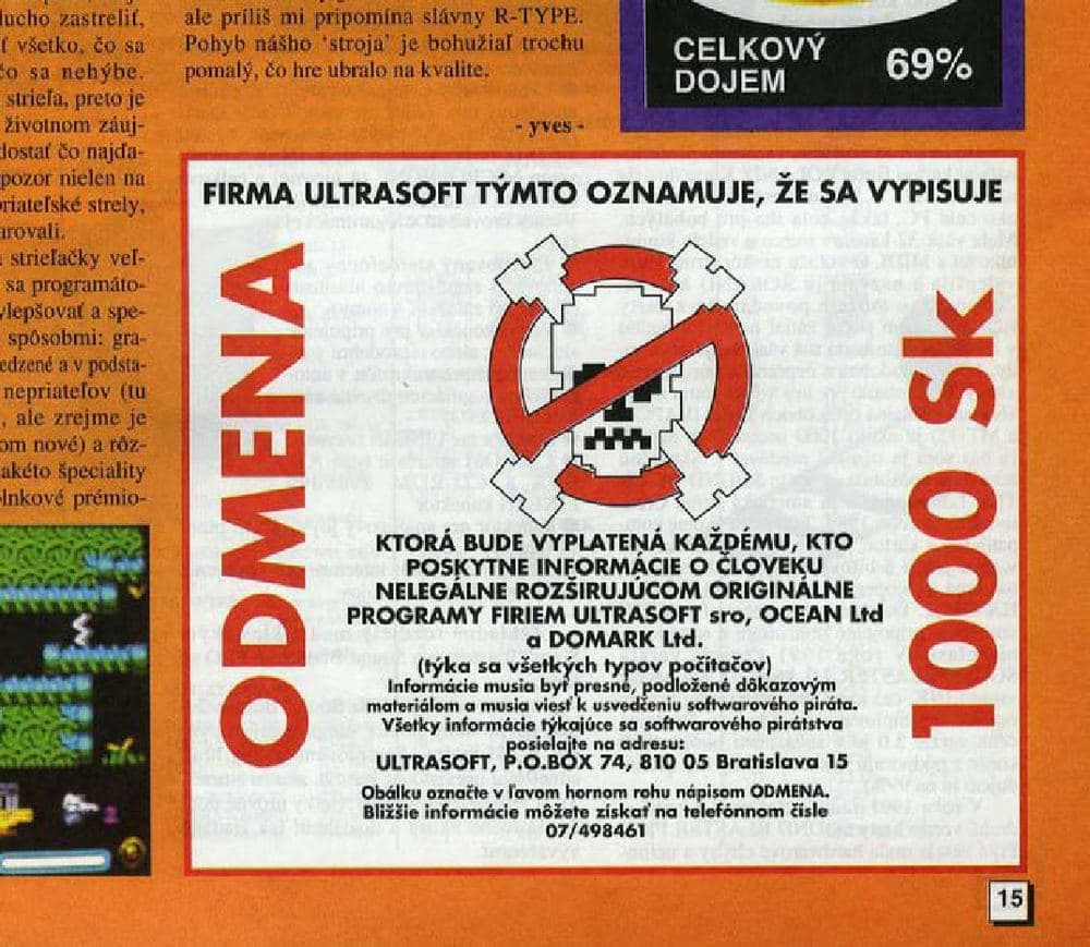 Inzerát Ultrasoftu: odmena 1000 Sk za informácie o nelegálnom šírení hier (po roku 1993)