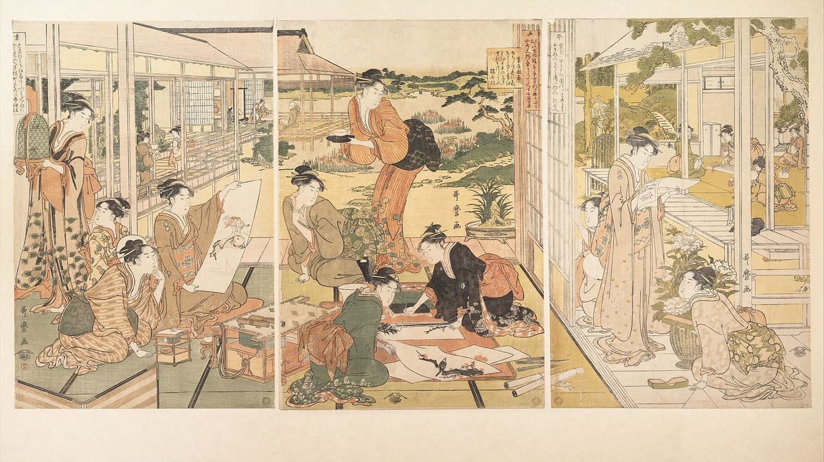 Štyri umenia vzdelanca (Kin ki šo ga), japonský drevorez