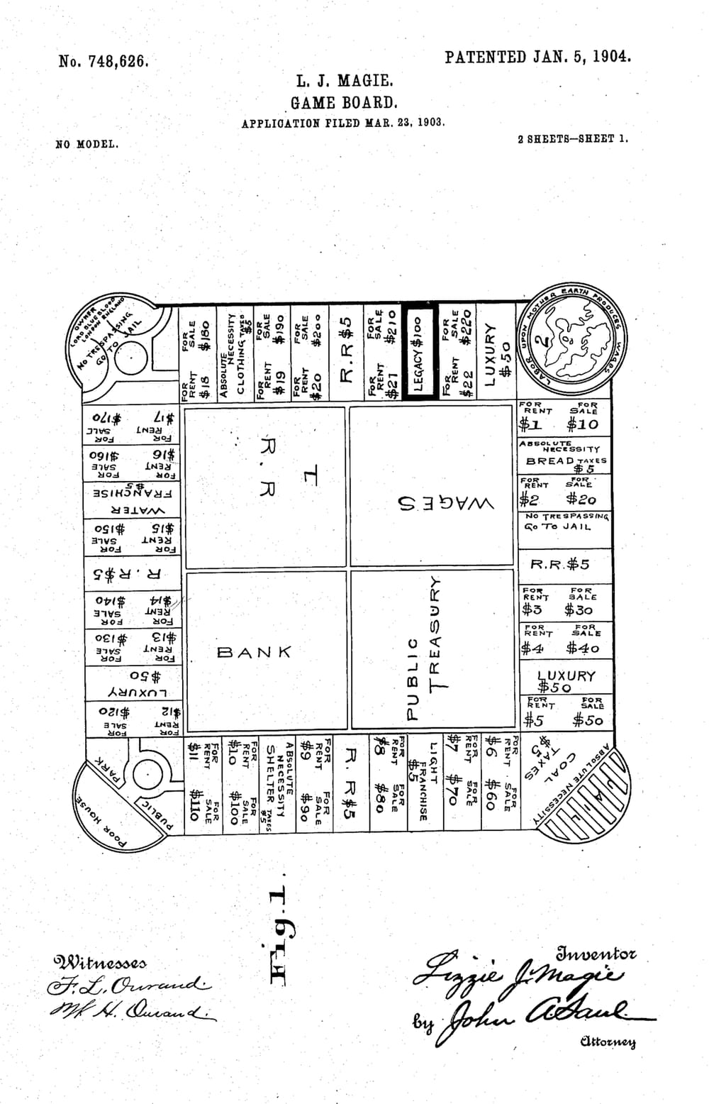 Patentový výkres The Landlord’s Game (1904)